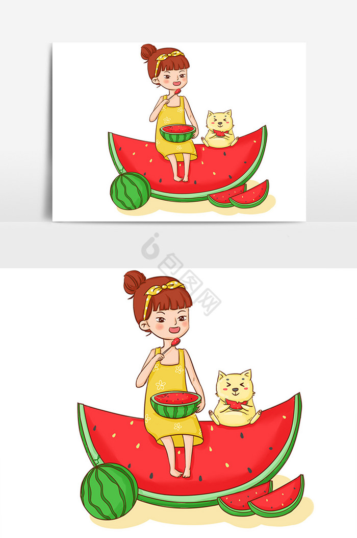 夏日女孩吃西瓜插画图片
