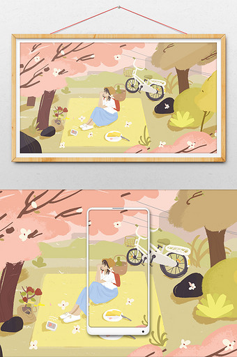 立秋秋天女孩骑单车野餐插画图片