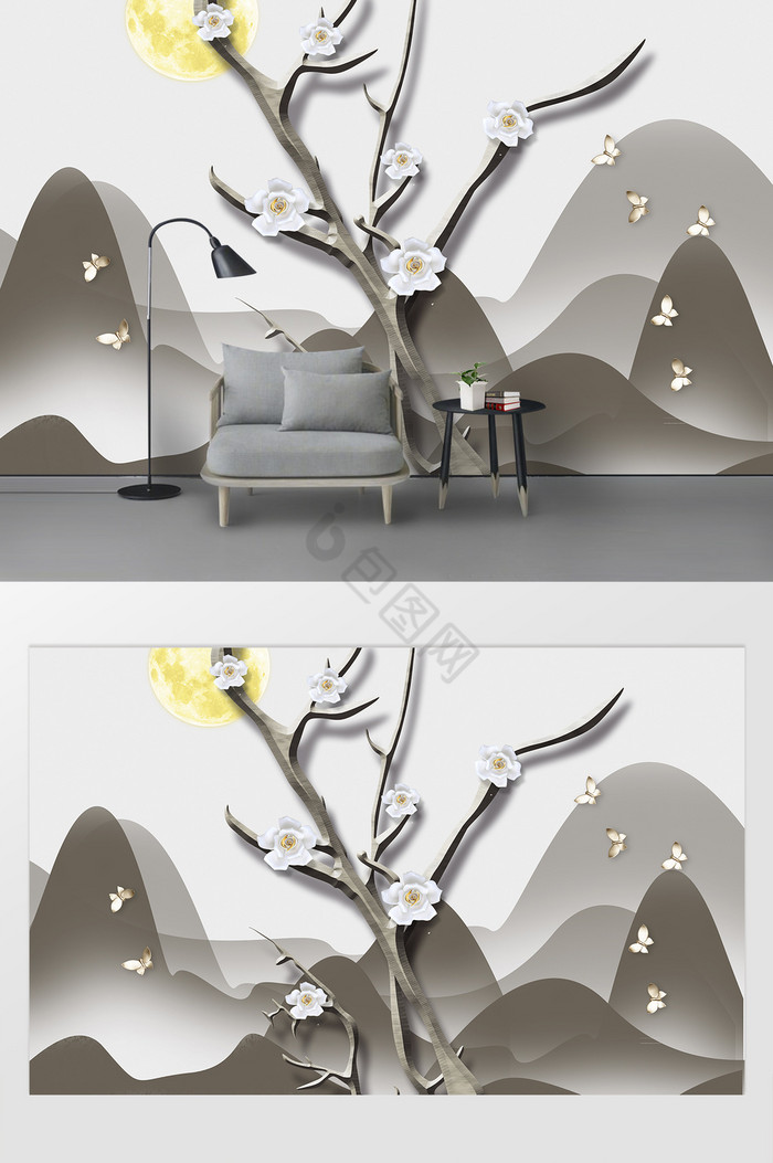 现代简约远山意境创意浮雕花枝背景墙图片