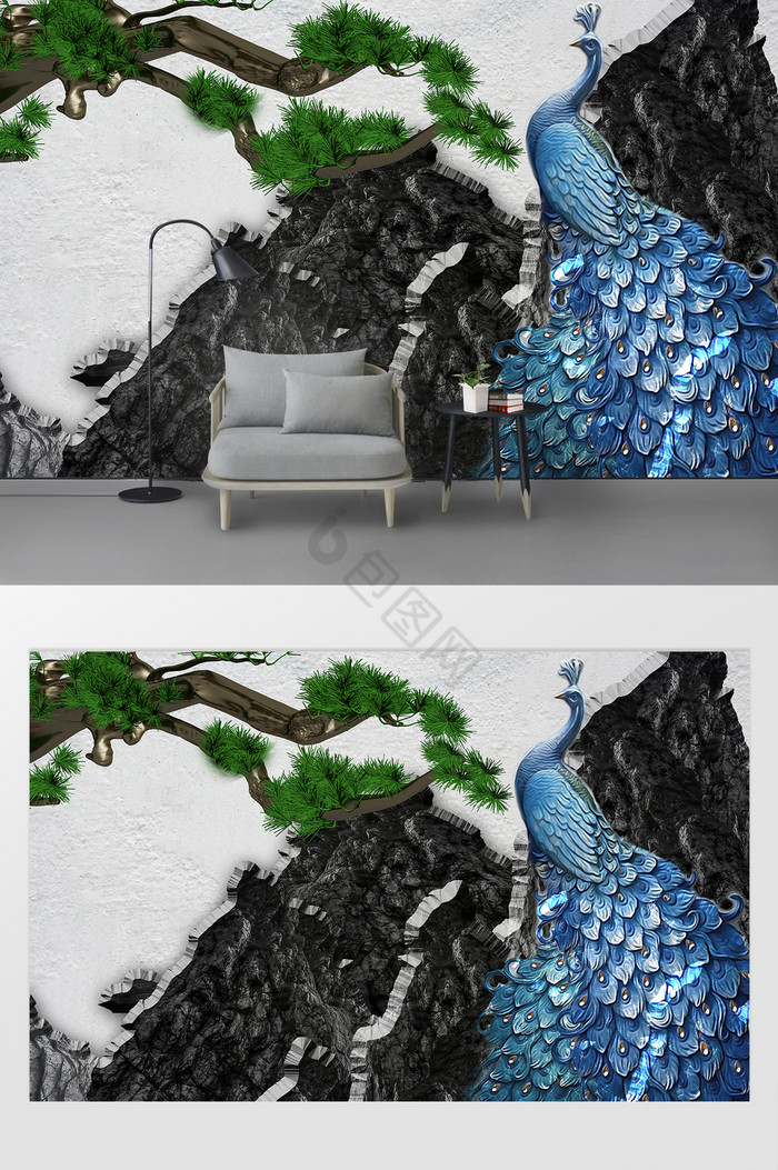 现代3d山峰孔雀古松浮雕背景墙图片