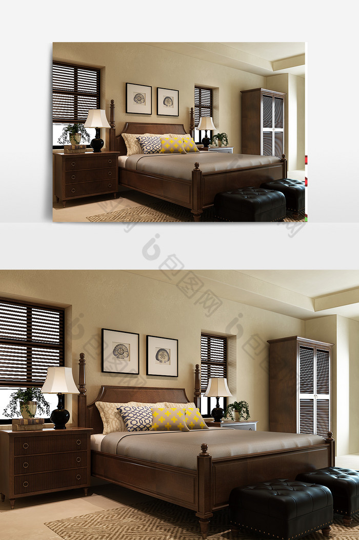 皮凳棕色实木双人床图片