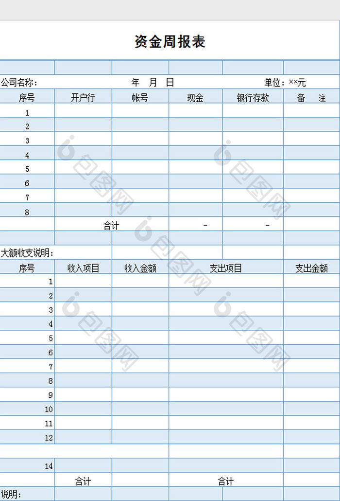 单位资金周报表excel模板