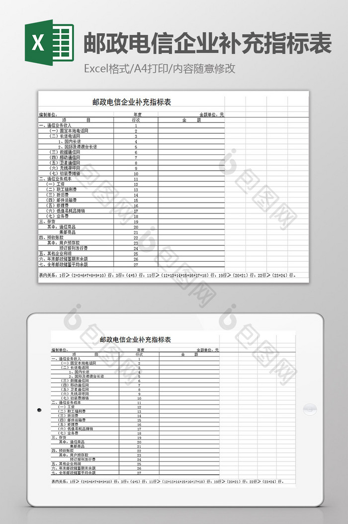 邮政电信企业补充指标表excel模板