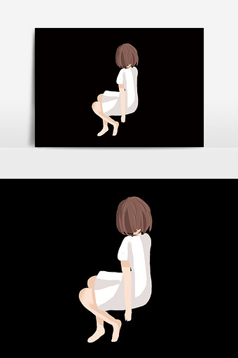 卡通手绘白裙子坐着少女图片