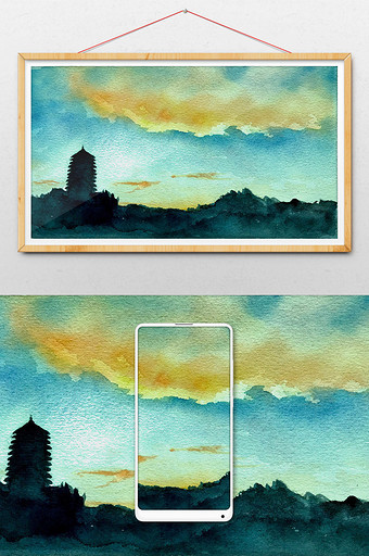 夏日高塔清新水彩手绘背景素材风景图片