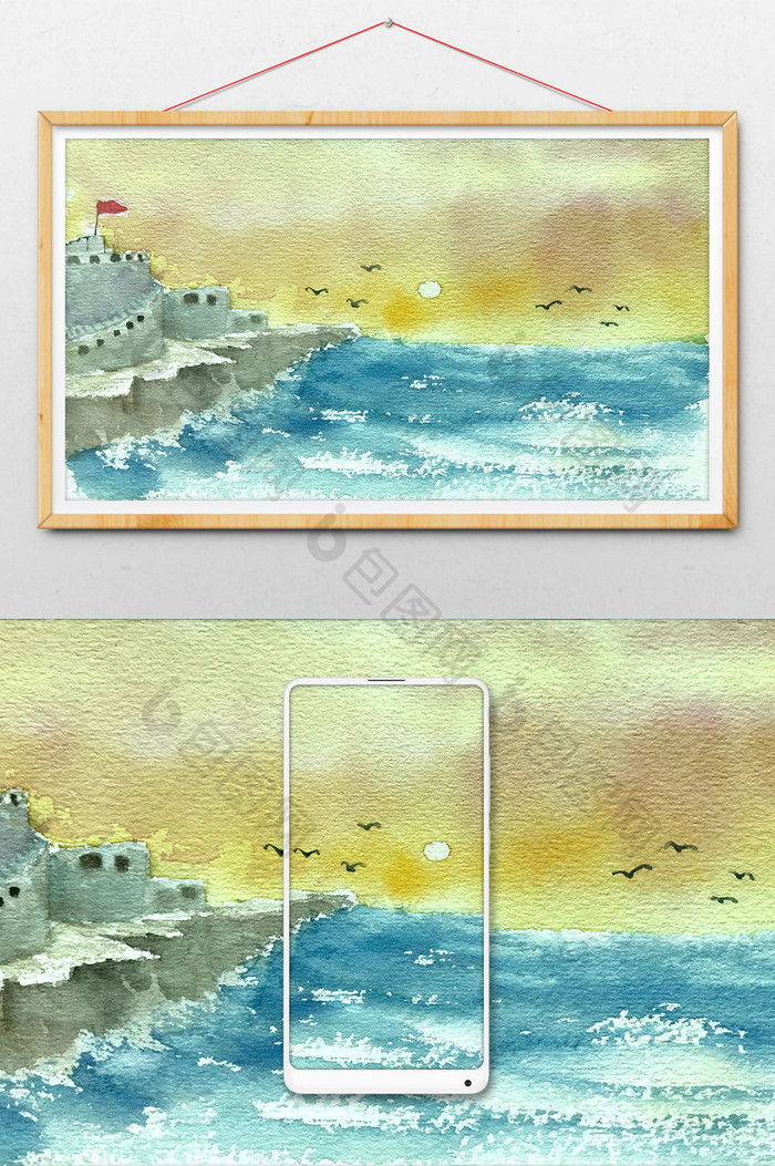 海鸟蓝色夏日清新水彩手绘素材风景 图片下载 包图网