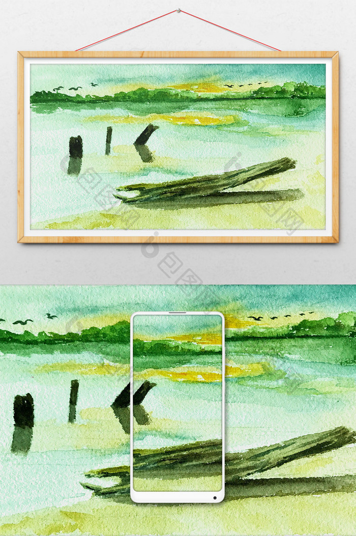 蓝色湿地夏日清新水彩手绘背景素材