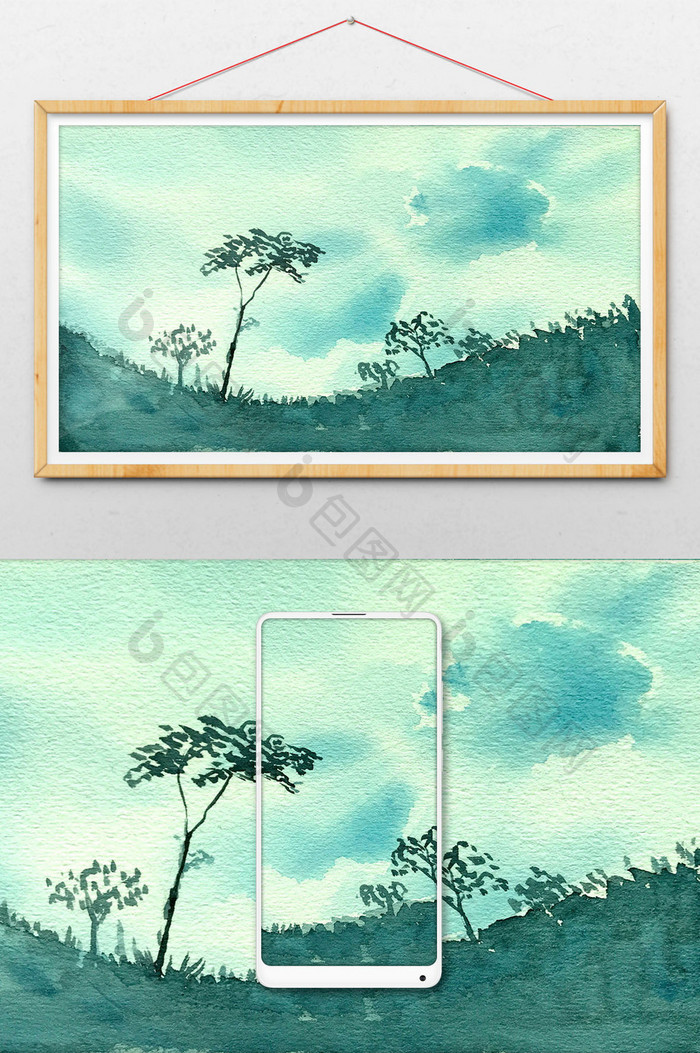 蓝色大树夏日清新水彩手绘背景素材风景