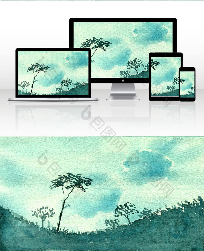蓝色大树夏日清新水彩手绘背景素材风景
