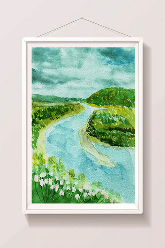 河流蓝色夏日清新水彩手绘背景素材风景图片