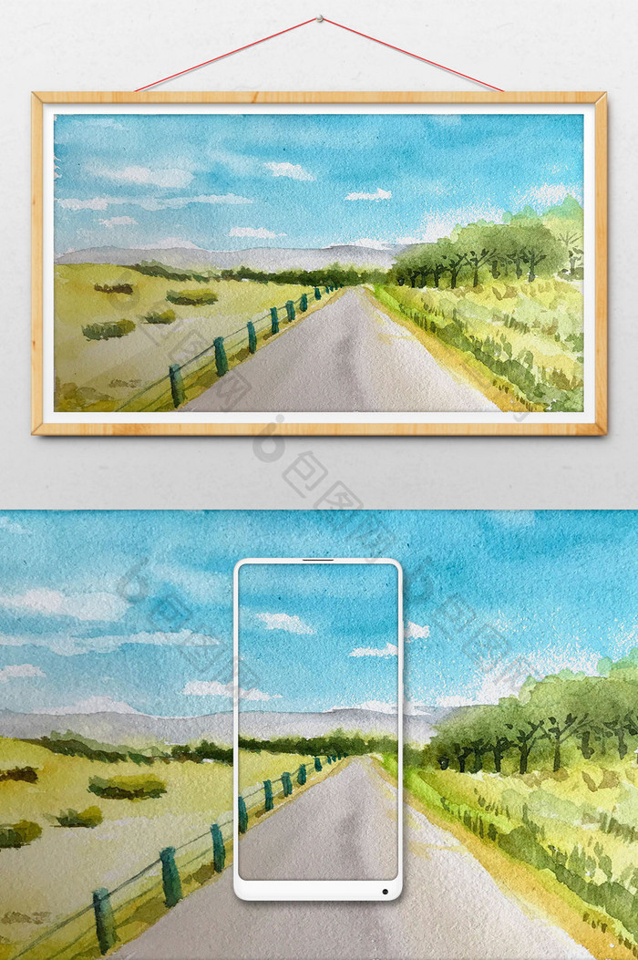 蓝色公路夏日清新水彩手绘背景素材风景