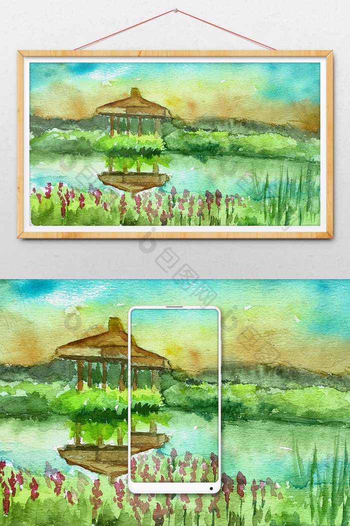 夏日清新水彩亭子手绘背景素材风景