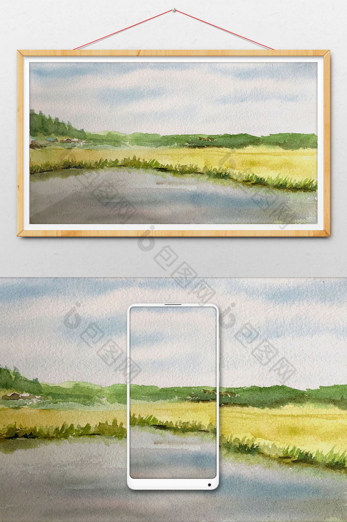 蓝色湿地夏日清新水彩手绘背景
