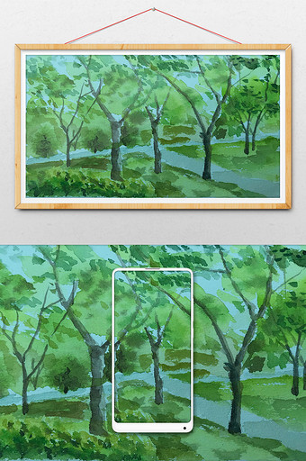 蓝色小树林夏日清新水彩手绘背景素材风景图片