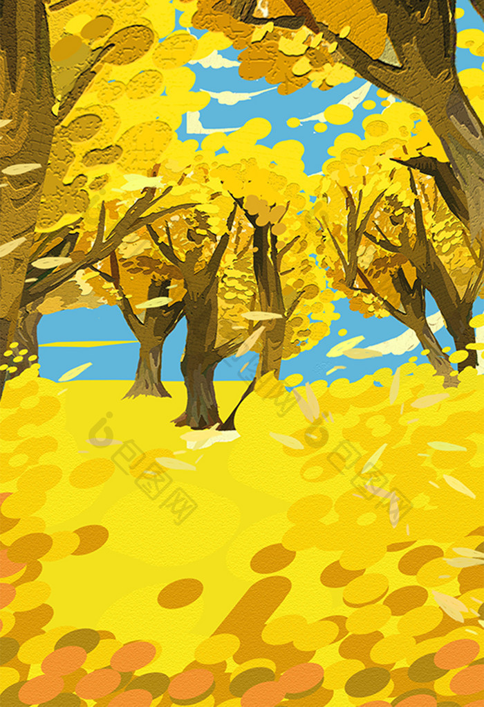 金色秋天水彩手绘风景
