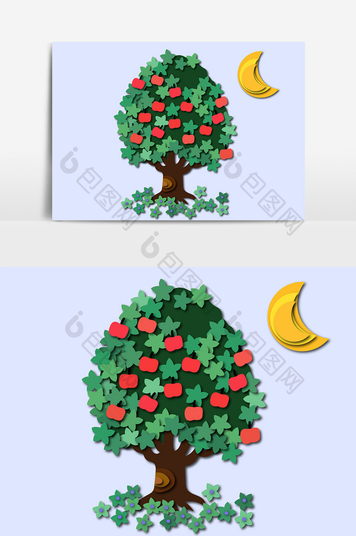 苹果树立体剪纸插画设计