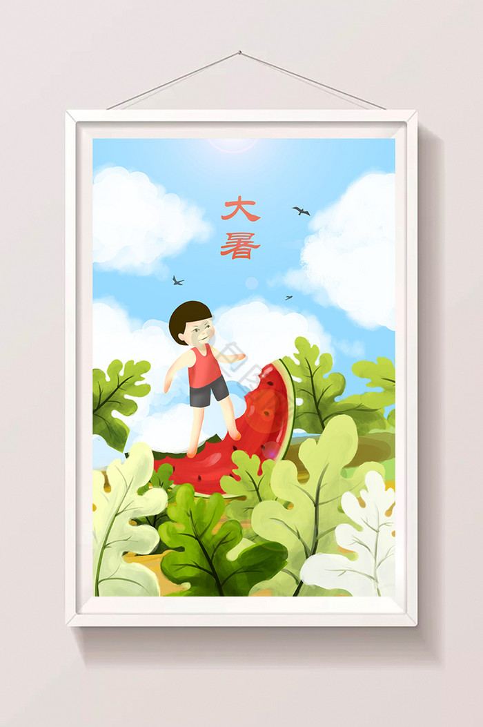 大暑夏天西瓜男孩立夏夏至避暑夏季西瓜插画图片