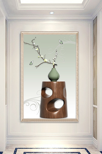 现代简约3D浮雕花瓶蝴蝶玄关背景墙图片