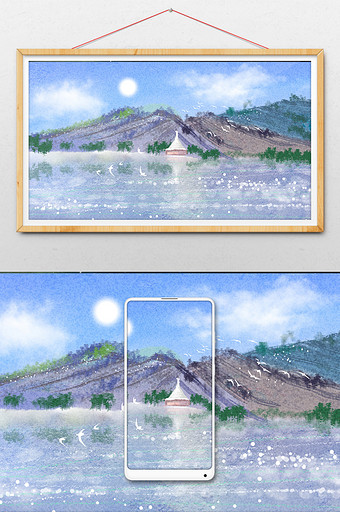 蓝色小清新中国风山水水墨插画图片