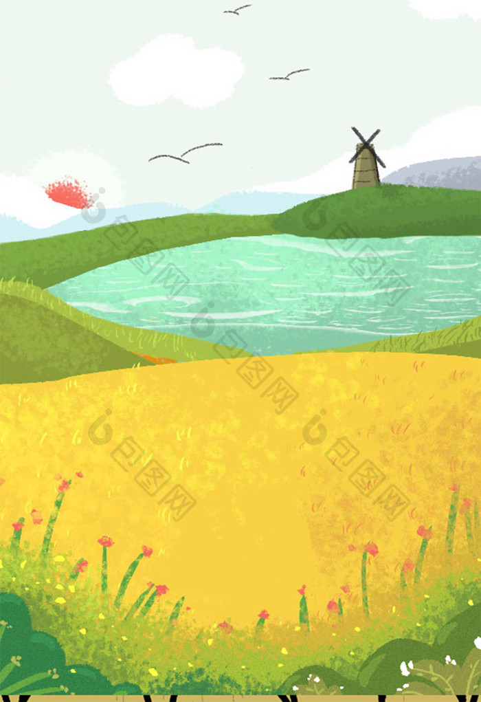 河流暖色环境插画元素