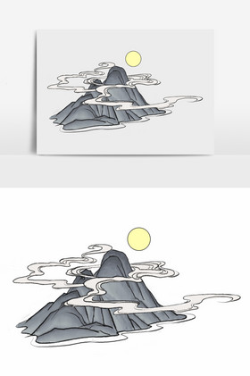 淡彩国画的云纹高山