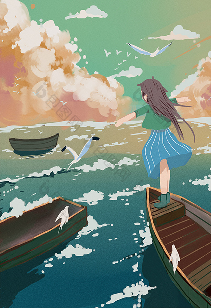 浪漫湖边船头小女孩清新唯美海浪海鸥插画