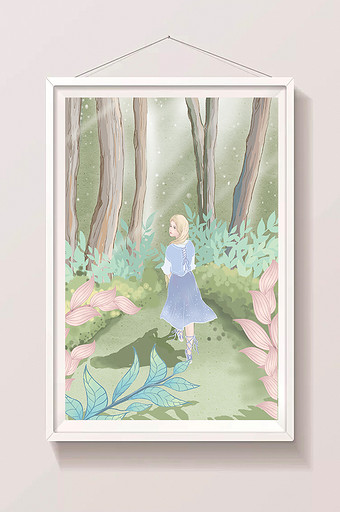 浪漫森林少女植物草丛唯美插画图片