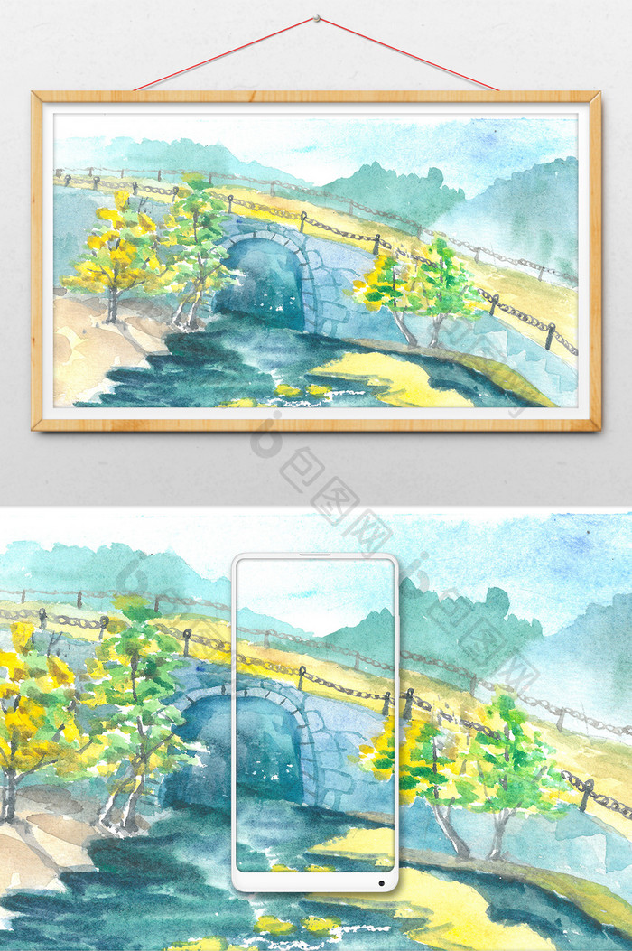 清新桥拱桥水彩手绘背景素材风景