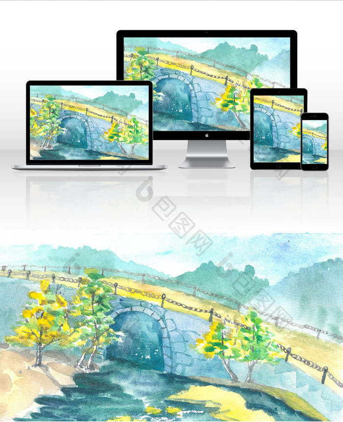 清新桥拱桥水彩手绘背景素材风景