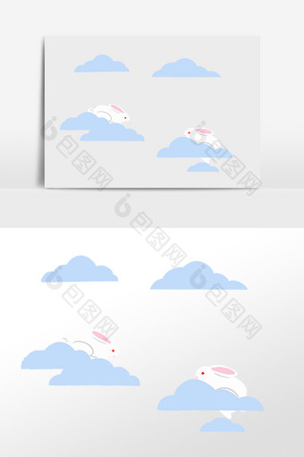 手绘中秋节玉兔拥抱云朵插画元素图片