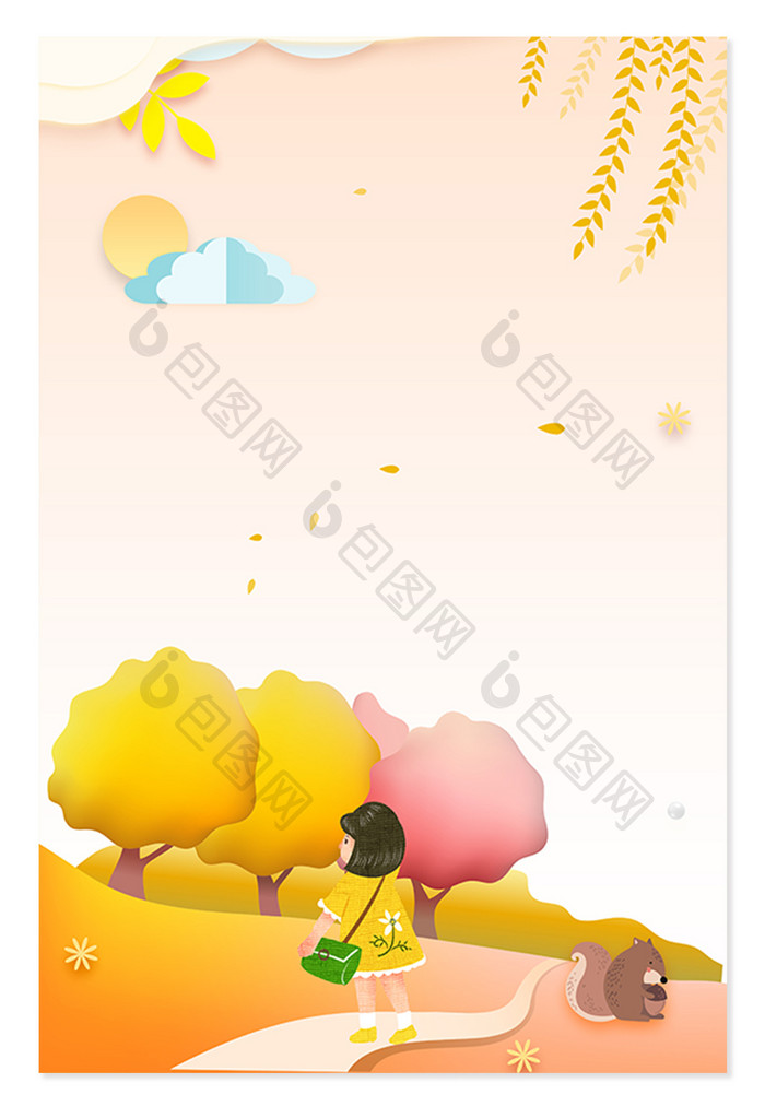 秋日小路上的女孩广告设计背景图