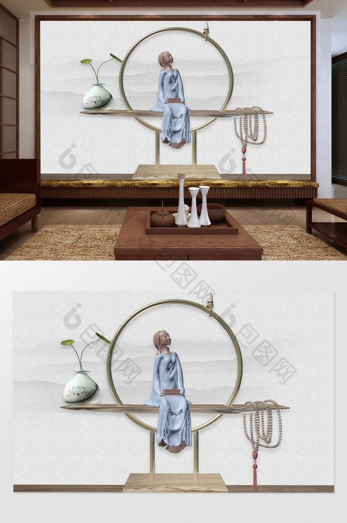 新中式水墨风3D浮雕立体人物电视背景墙