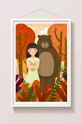 红色立秋少女和熊森林采花插画图片