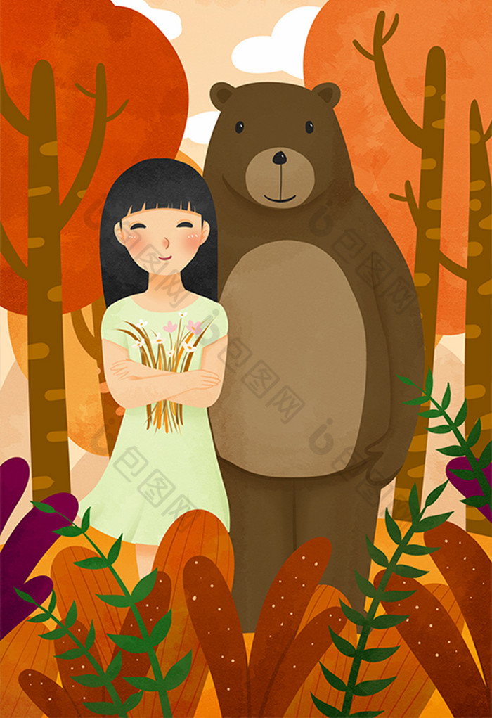 红色立秋少女和熊森林采花插画
