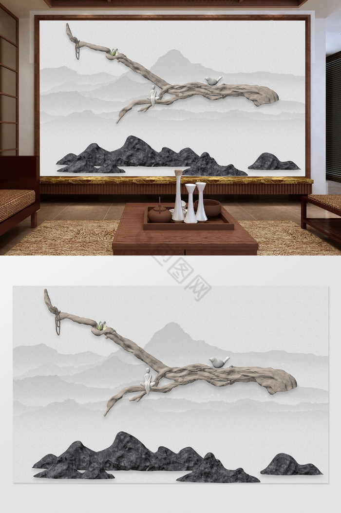 新中式水墨风浮雕立体树枝小鸟假山背景墙图片