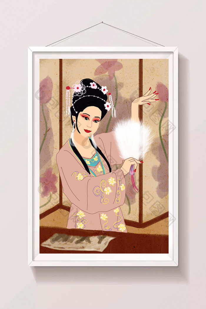 传统文化中国风戏曲人物羽扇戏插画