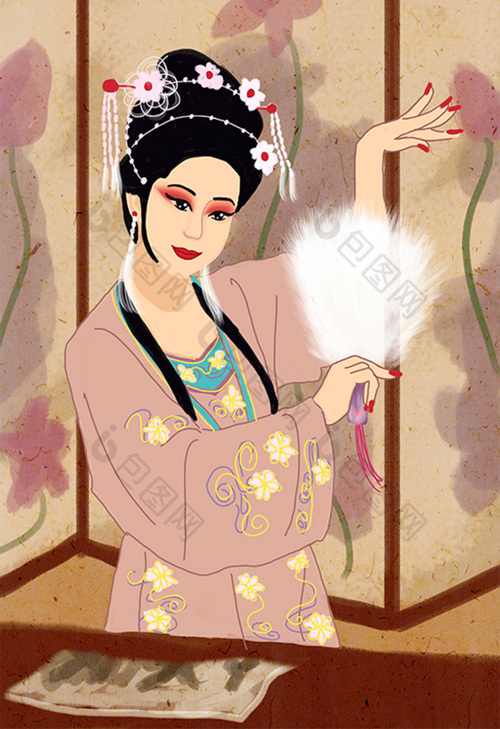 传统文化中国风戏曲人物羽扇戏插画