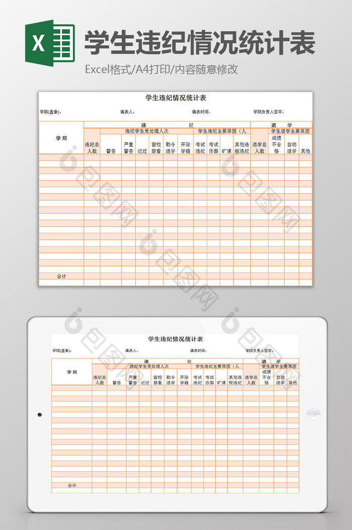 学生违纪情况统计表excel模板