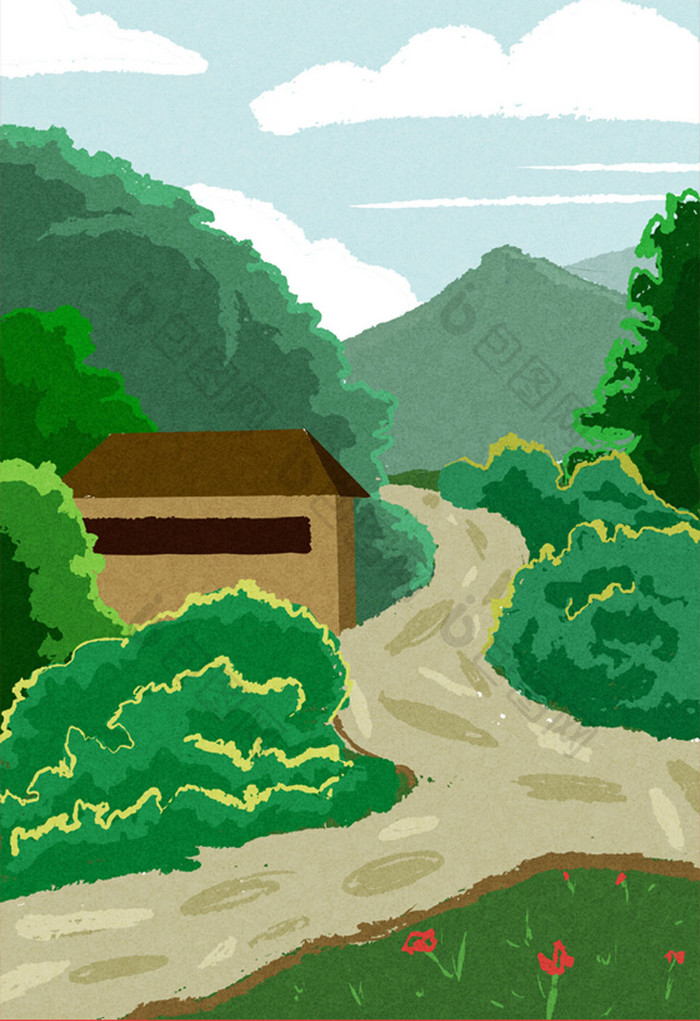 浪漫夏季绿色林间小路插画背景