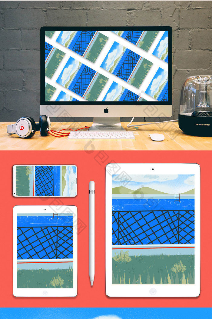 四季白天游泳池背景插画