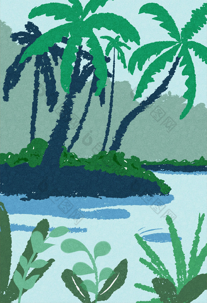 热带丛林夏季椰子树湖面插画背景