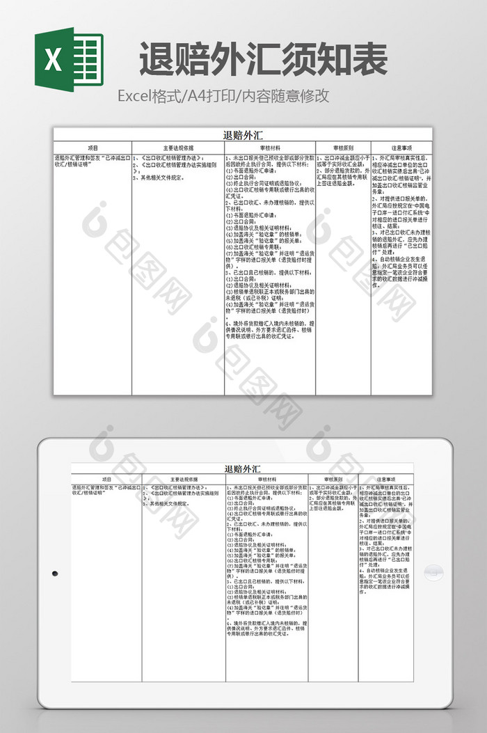 退赔外汇须知表excel模板