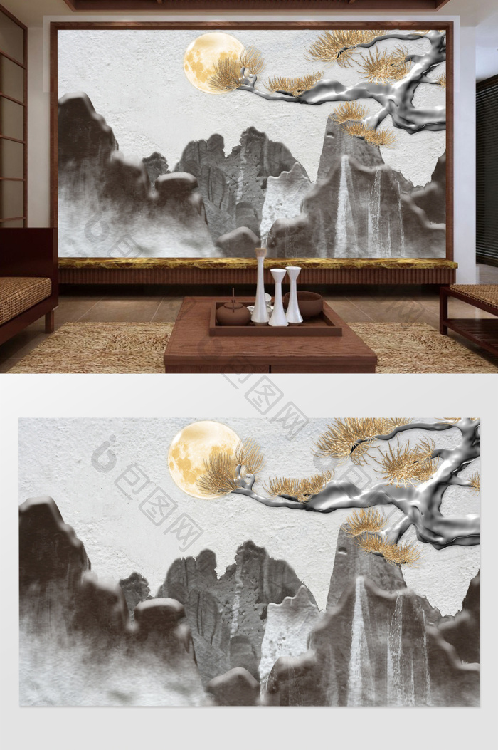 新中式山峰古松浮雕背景墙效果图-【包图网】