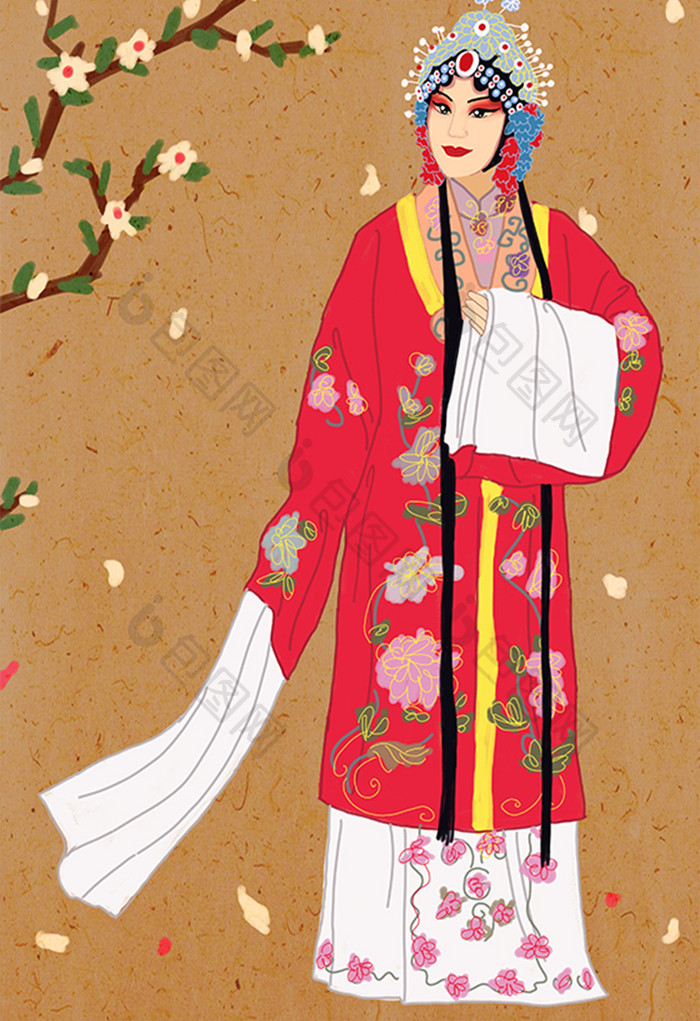 传统文化中国风戏曲人物红衣裙插画
