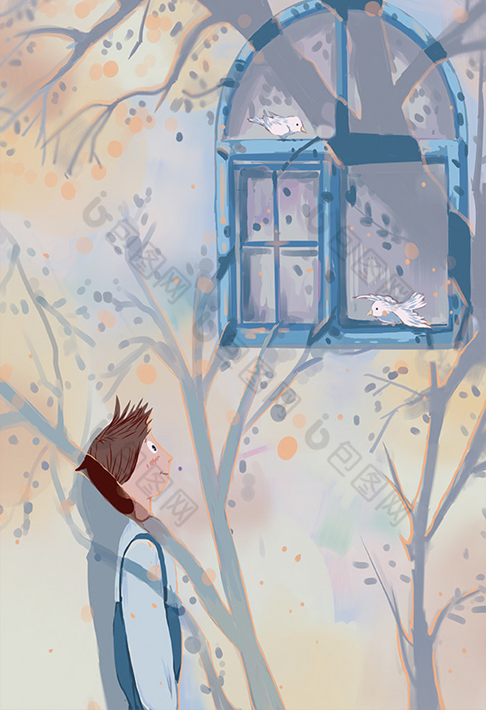 中国风窗外小男孩落叶插画图片