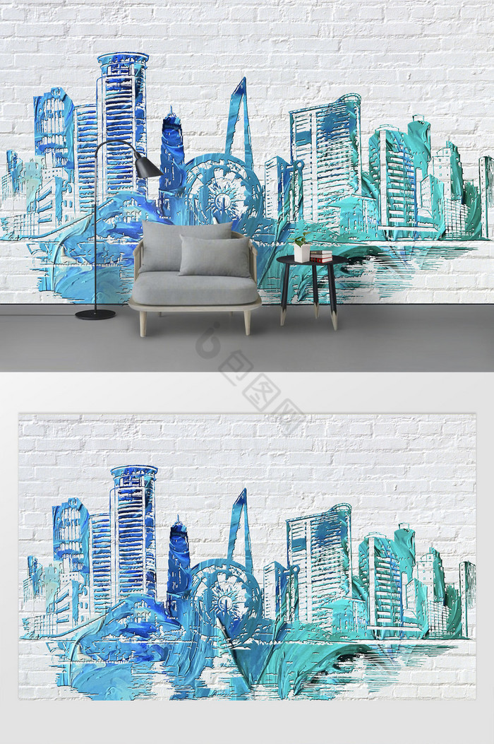 现代简约立体涂鸦城市剪影白墙背景墙定制图片