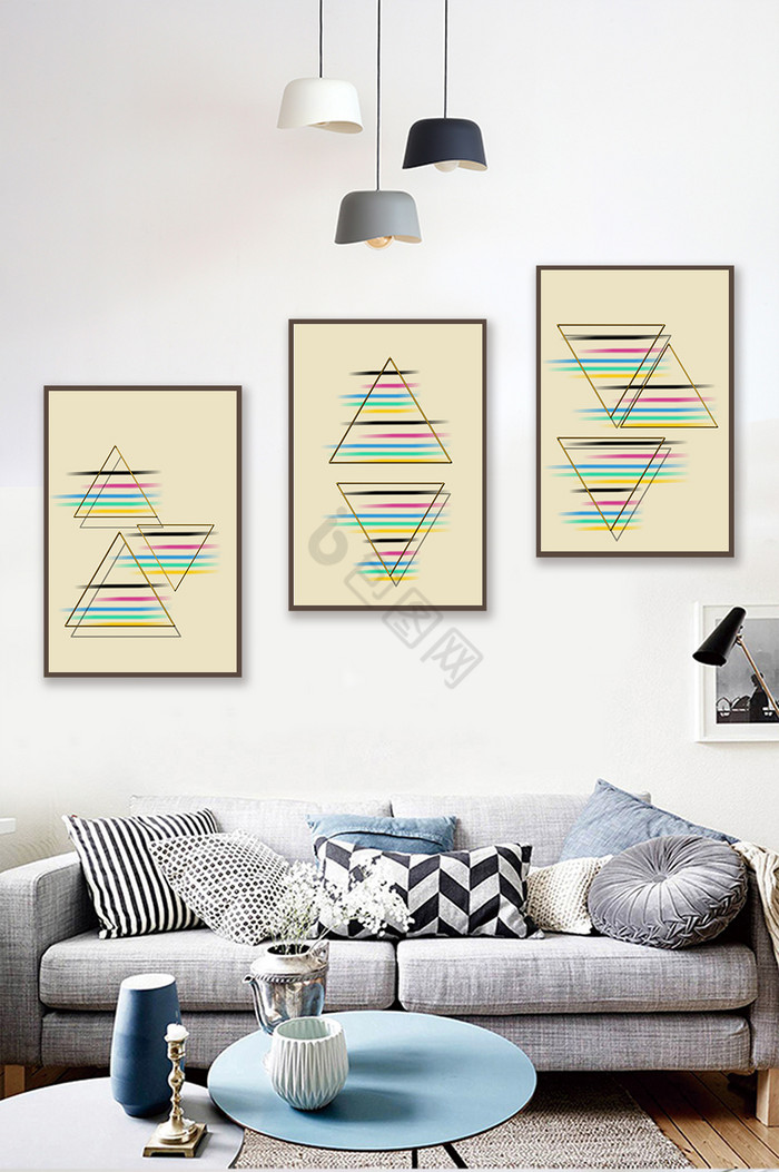 现代彩色三角几何客厅装饰画图片