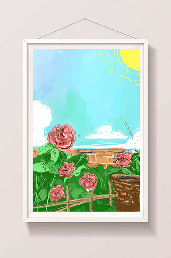 唯美玫瑰花园手绘插画背景图片