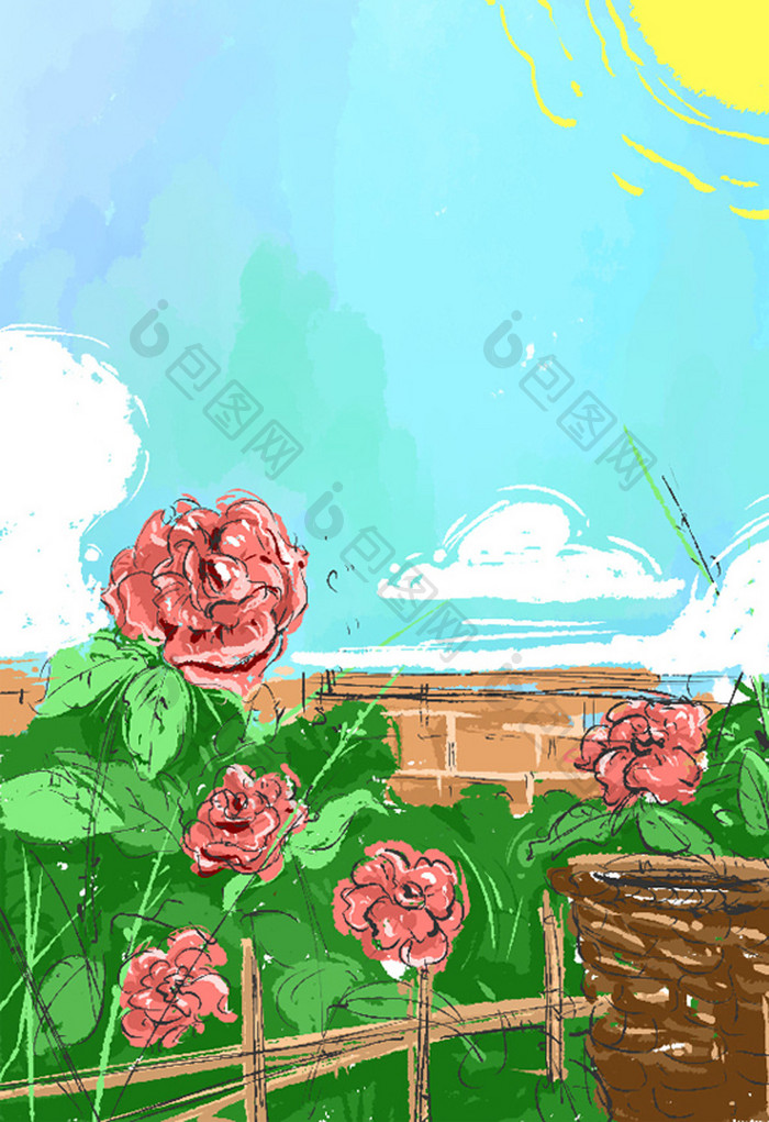 唯美玫瑰花园手绘插画背景
