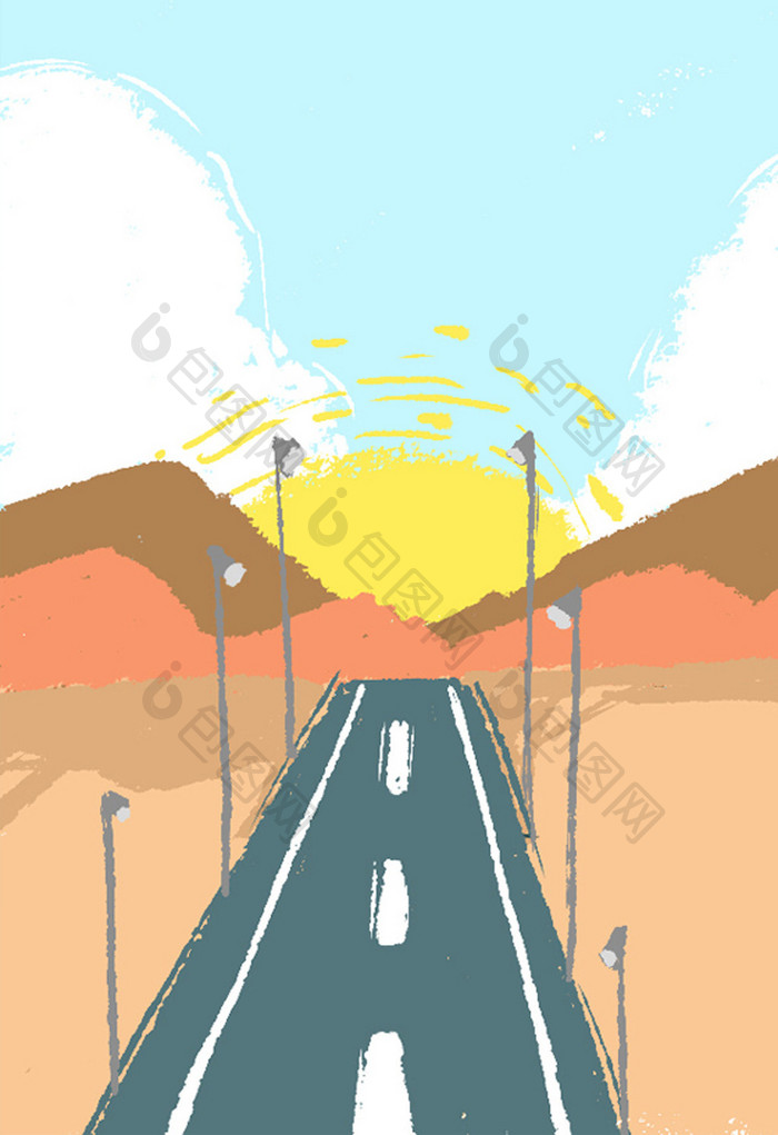 唯美公路手绘插画背景